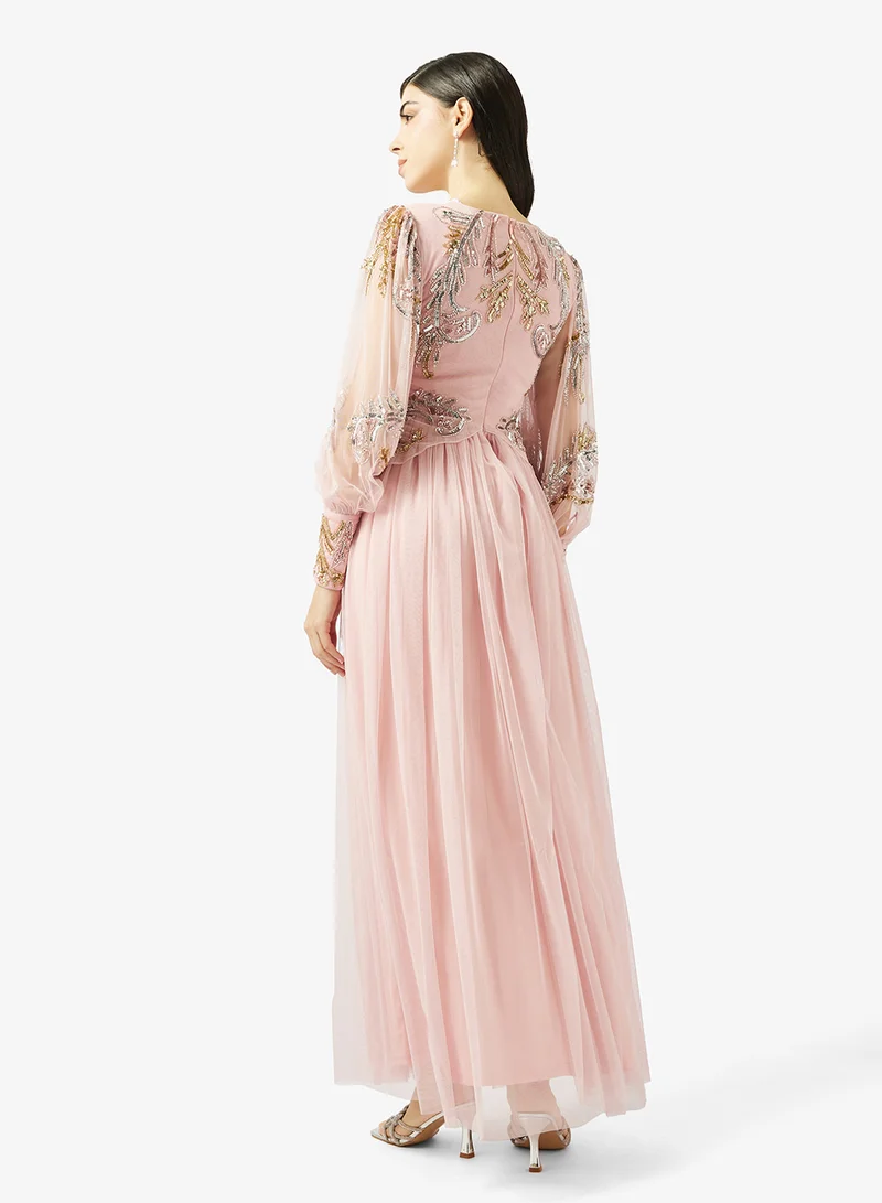 Frock and Frill Mesh Detailed Long Sleeve Maxi Dress